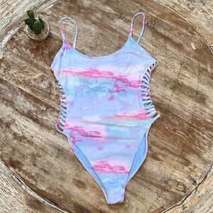 Baby Blue & Pink Clouds One Piece Swimsuit, Size M